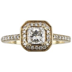 Retro 1.00 Carat Princess Cut Diamond Halo 14 Karat Yellow Gold Engagement Ring