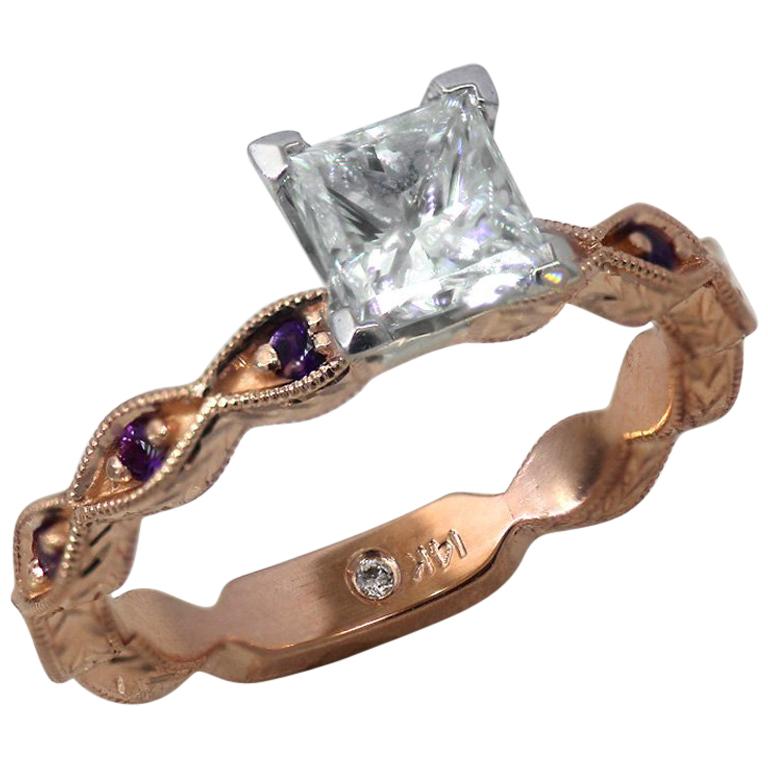 1.00 Carat Princess Diamond and Amethyst Ring Hand Engraving-Ben Dannie For Sale