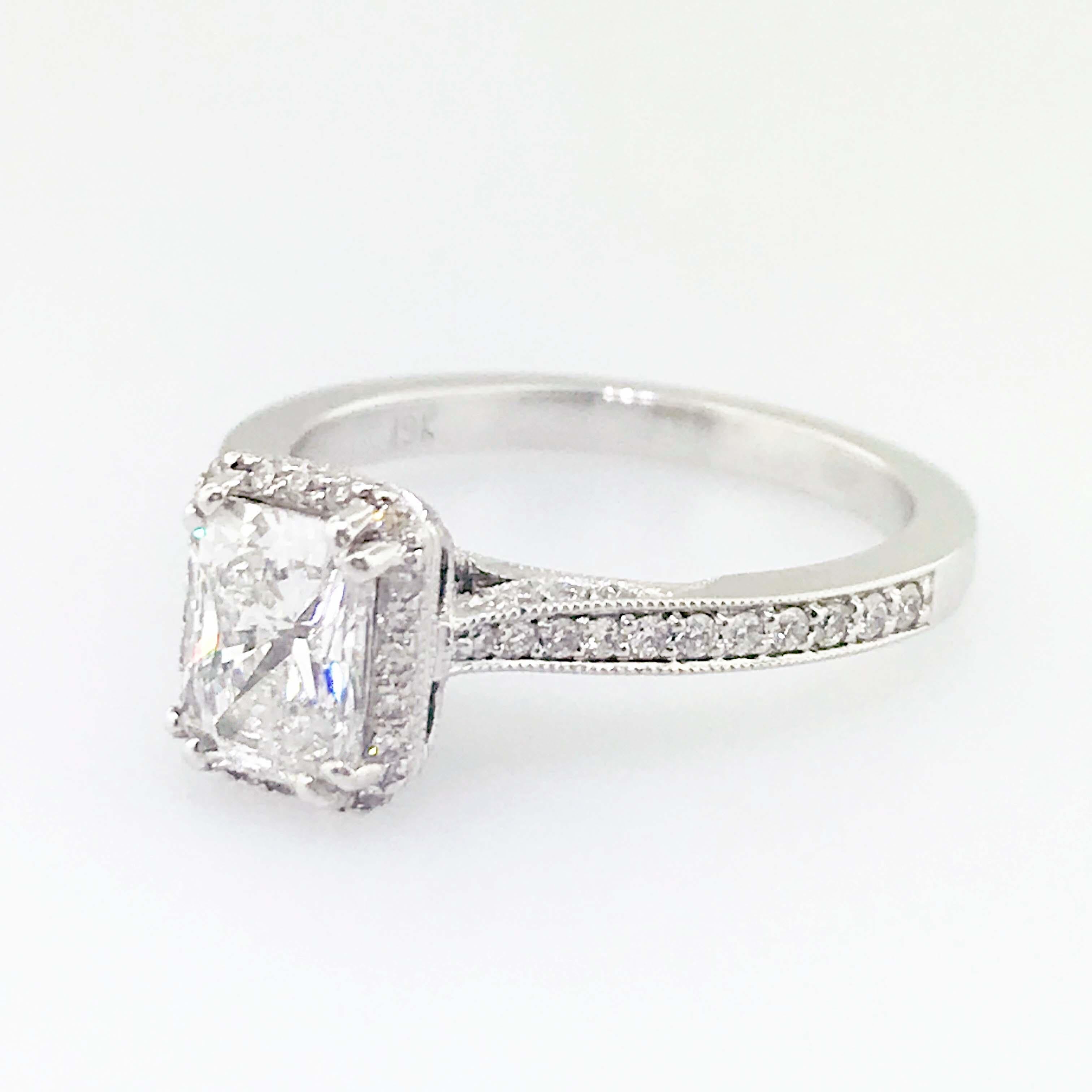 Artisan 1.00 Carat VVS1 G Diamond Halo Ring 19 Karat White Gold Crescent Engagement Ring For Sale