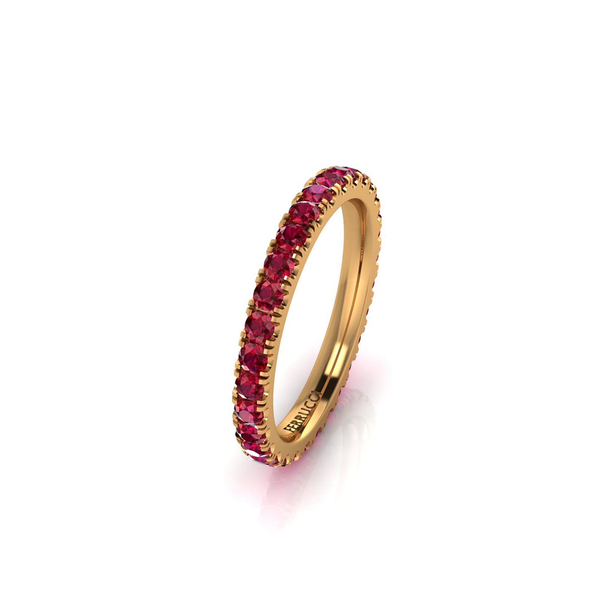 A classic beauty never ending, 1 carat of red rubies set to perfection in a hand crafted stackable 18k yellow gold eternity band, 2.3 mm wide, stackable collection, made in New York with the best Italian craftsmanship, size 6, complimentary sizing
