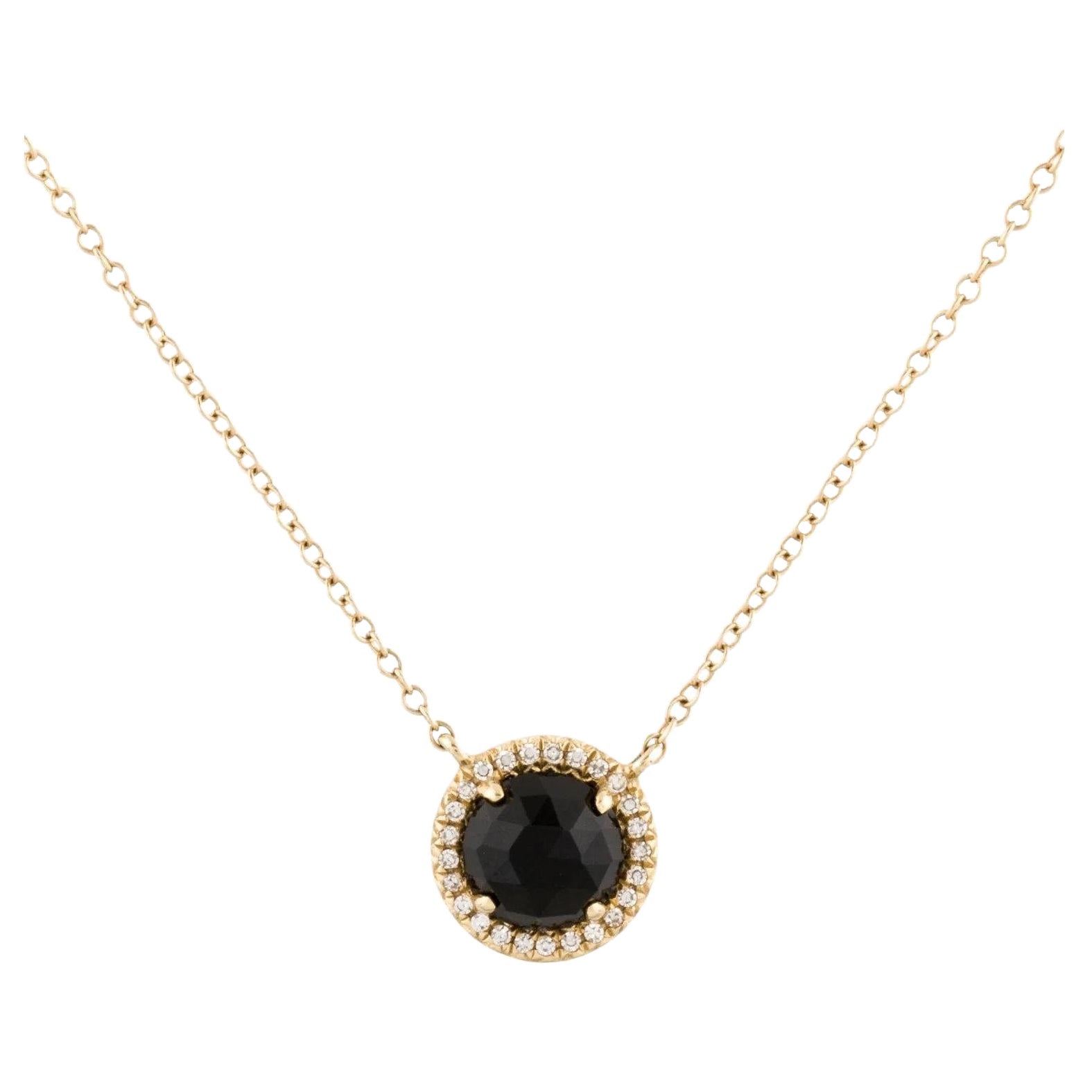 1.00 Carat Round Black Onyx & Diamond Yellow Gold Pendant Necklace