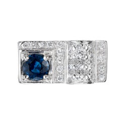 1.00 Carat Round Blue Sapphire Pave Diamond Platinum Band Ring