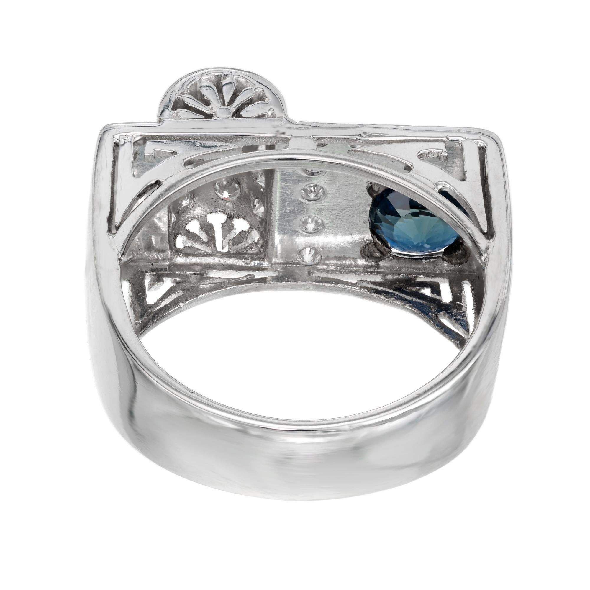 Women's 1.00 Carat Round Blue Sapphire Pave Diamond Platinum Band Ring For Sale