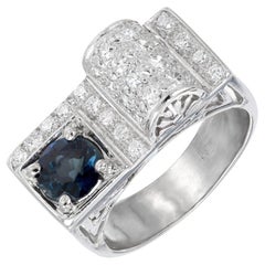 Antique 1.00 Carat Round Blue Sapphire Pave Diamond Platinum Band Ring