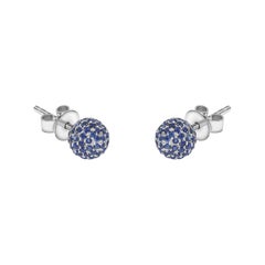 1.00 Carat Round Blue Sapphire Pave set 18 KT White Gold Tresor Paris Earrings 