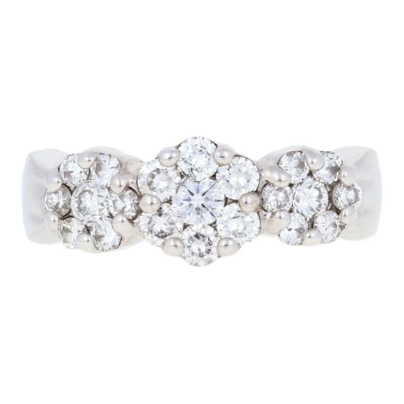 1.00 Carat Round Brilliant Diamond Ring 14 Karat White Gold Cluster Halo Flowers