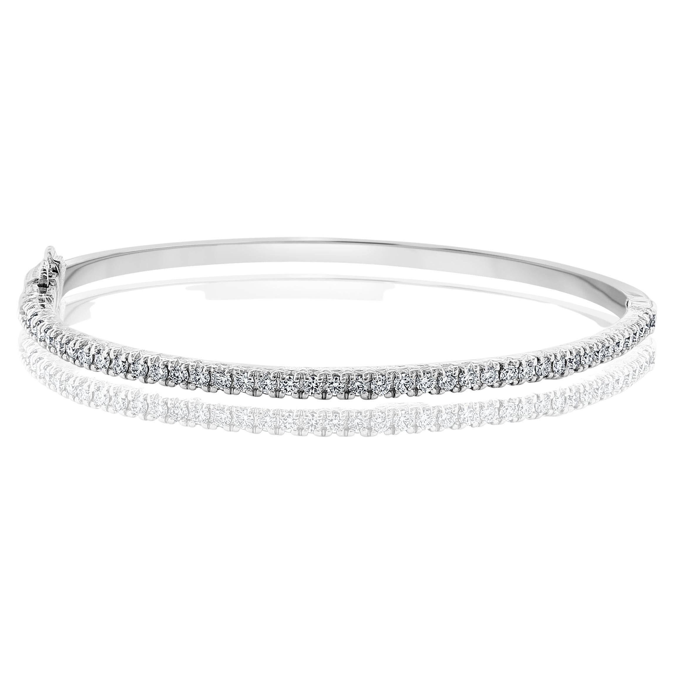 Bracelet jonc en or blanc 14 carats avec diamants taille ronde de 1,00 carat