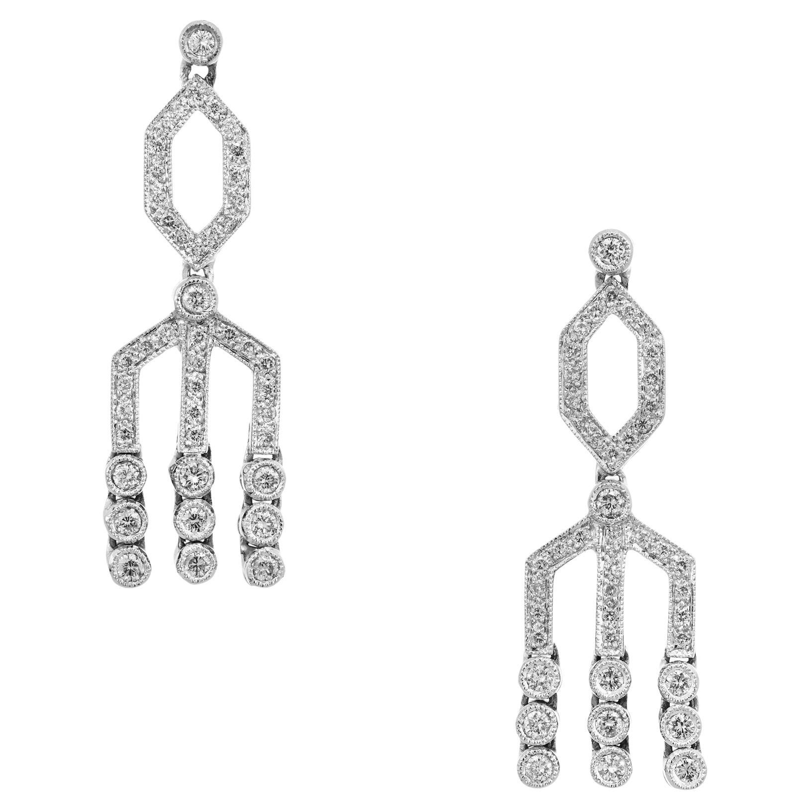 1.00 Carat Round Diamond Gold Mid Century Dangle Chandelier Earrings