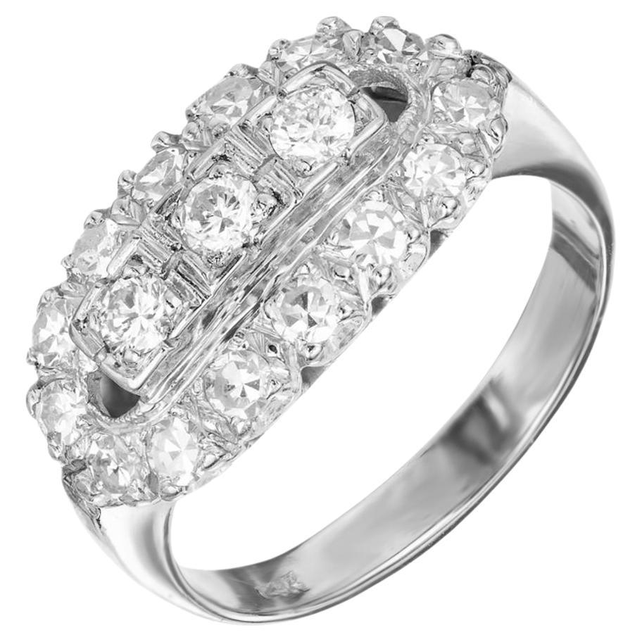 1.00 Carat Round Diamond Halo 14k White Gold Three Stone Cluster Ring For Sale