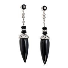 1.00 Carat Round Diamond Onyx White Gold Dangle Drop Earrings