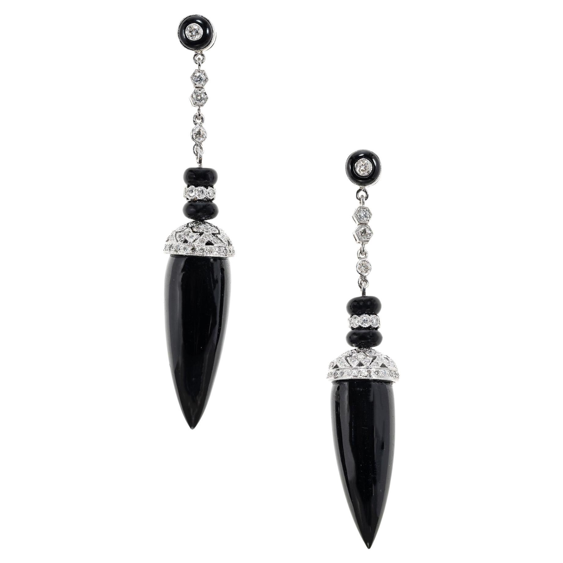 1.00 Carat Round Diamond Onyx White Gold Dangle Drop Earrings 