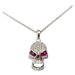 1.00 Carat Round Diamond Red Ruby 18 Karat White Gold Skull Pendant Necklace