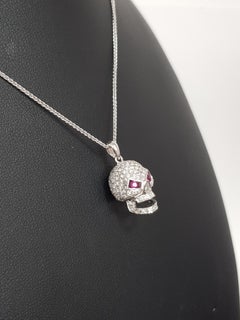 1.00 Carat Round Diamond Red Ruby 18 Kt White Gold Tresor Skull Pendant Necklace
