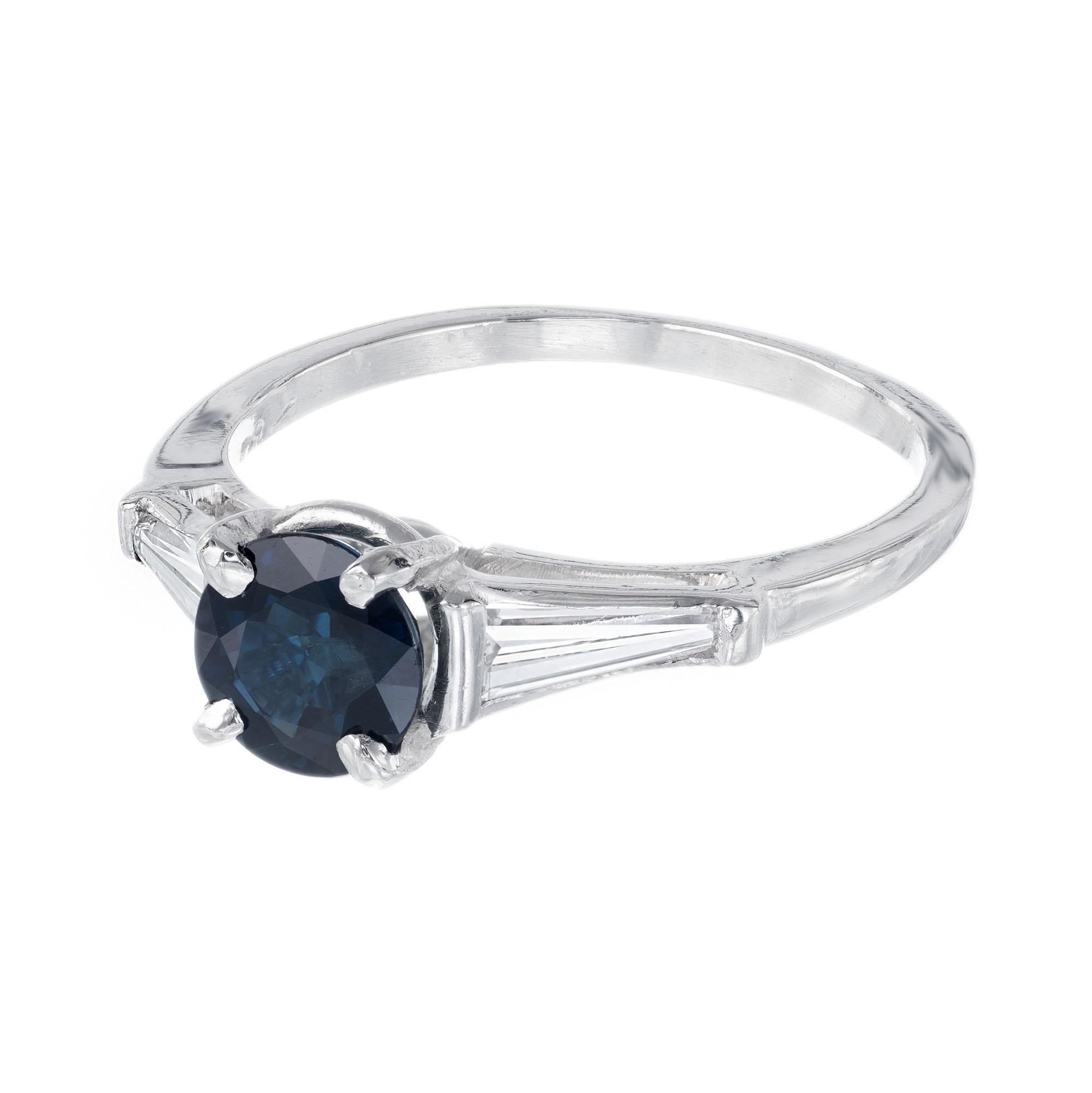 Round Cut 1.00 Carat Round Sapphire Baguette Diamond Three-Stone Platinum Engagement Ring For Sale