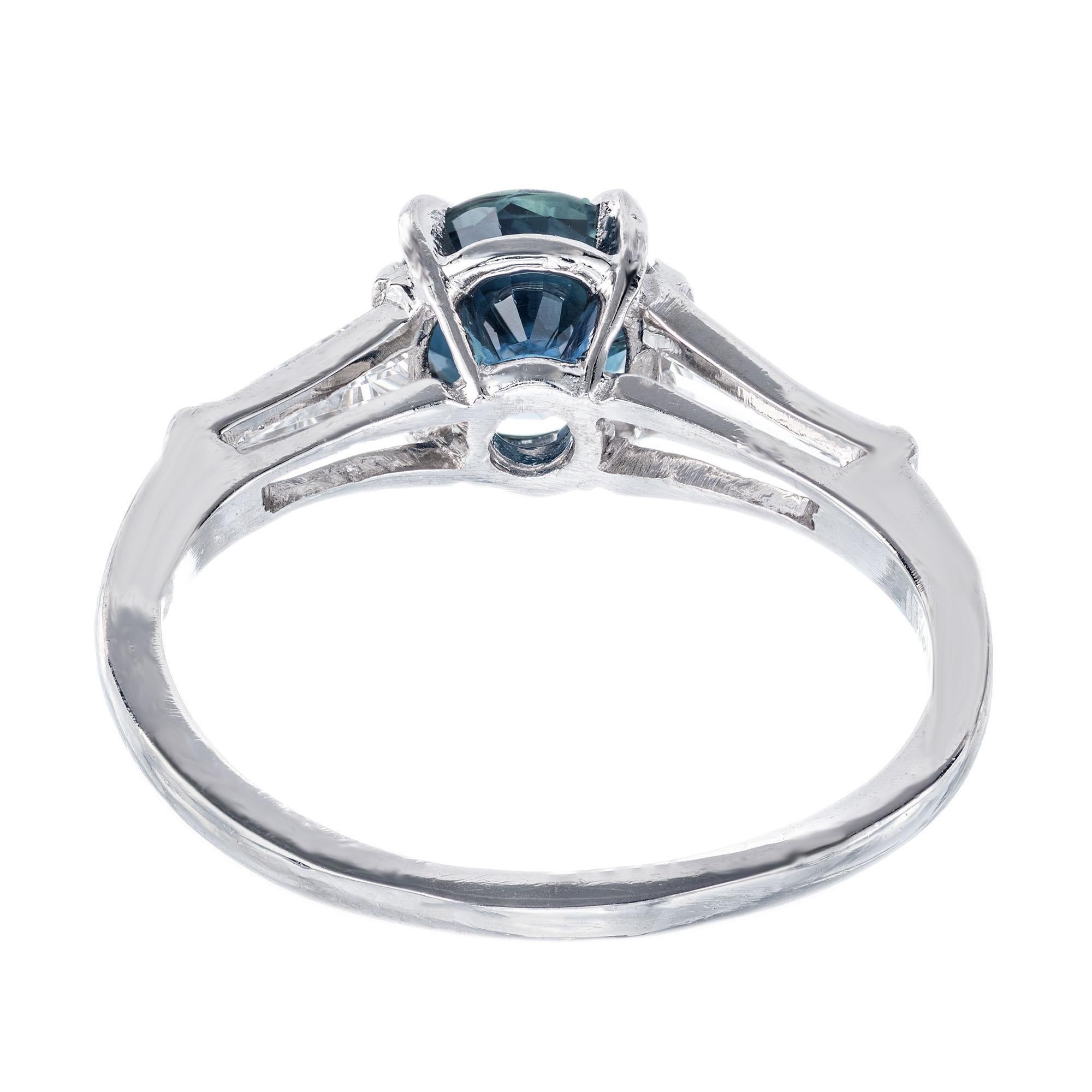 Women's 1.00 Carat Round Sapphire Baguette Diamond Three-Stone Platinum Engagement Ring For Sale