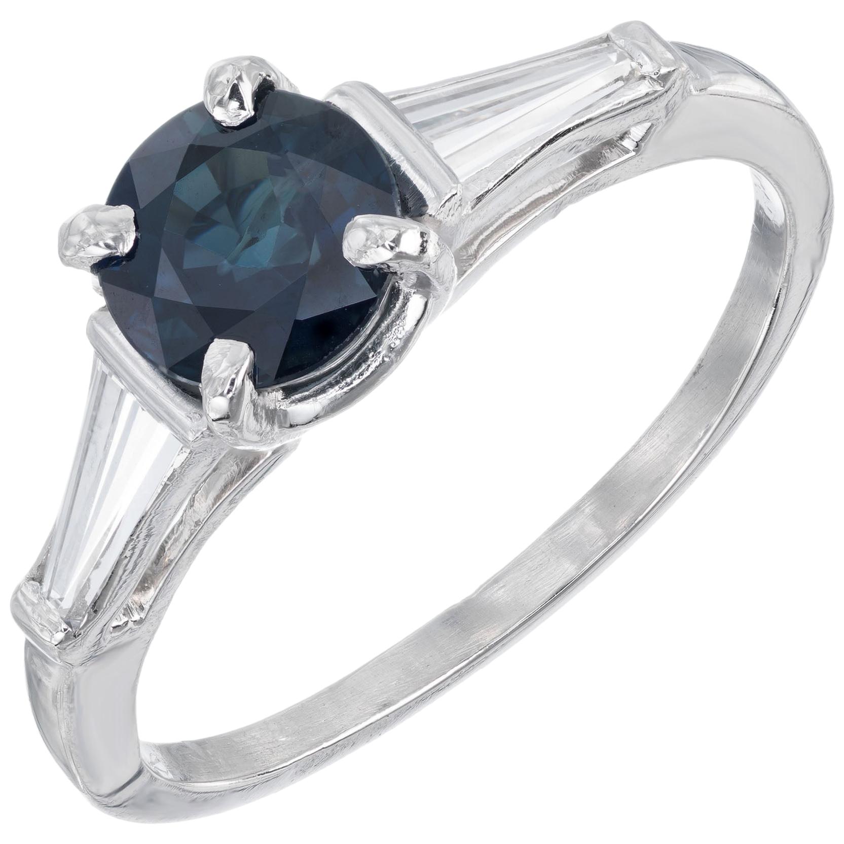 1.00 Carat Round Sapphire Baguette Diamond Three-Stone Platinum Engagement Ring For Sale