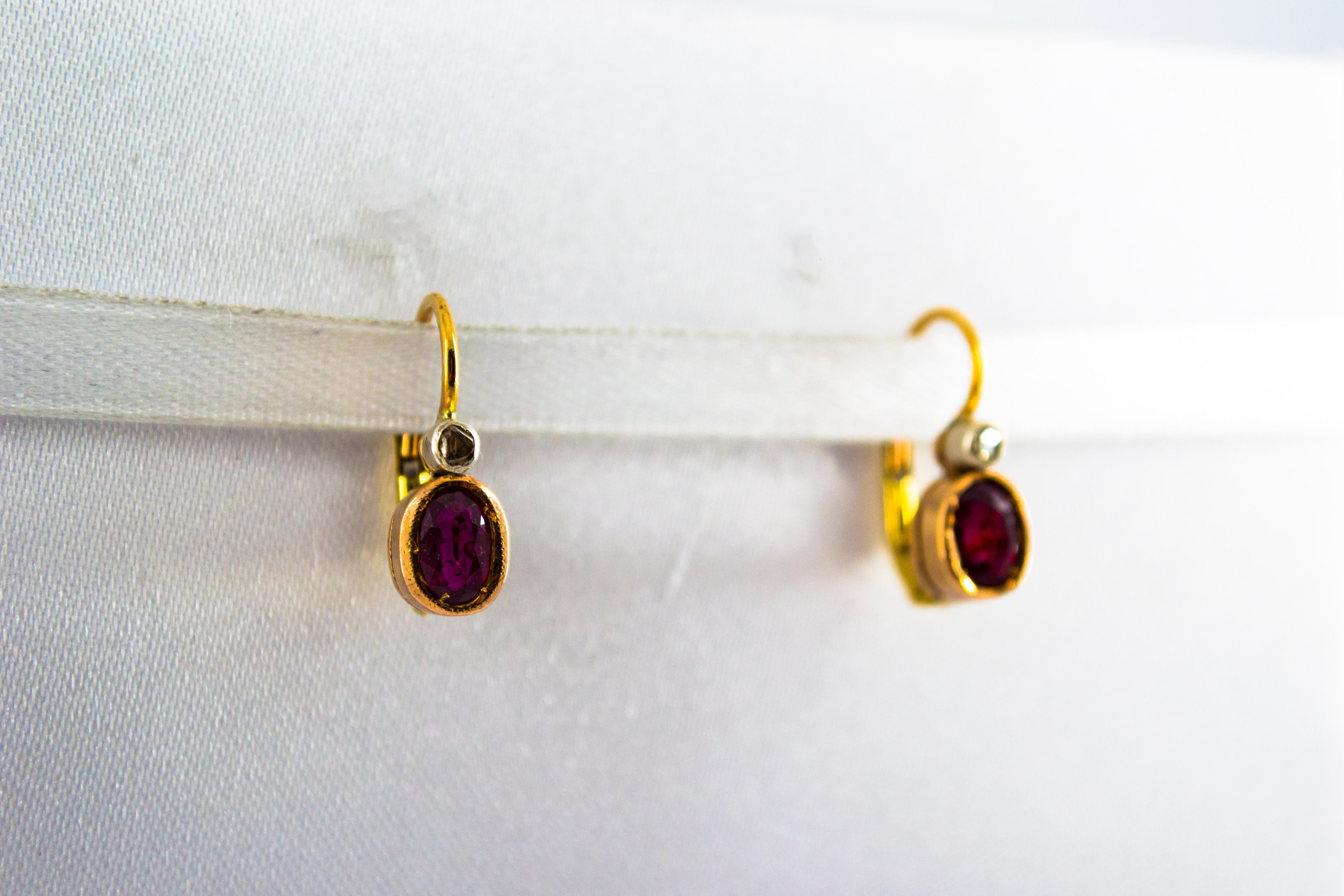 Art Deco 1.00 Carat Ruby 0.04 Carat White Diamond Yellow Gold Dangle Lever-Back Earrings