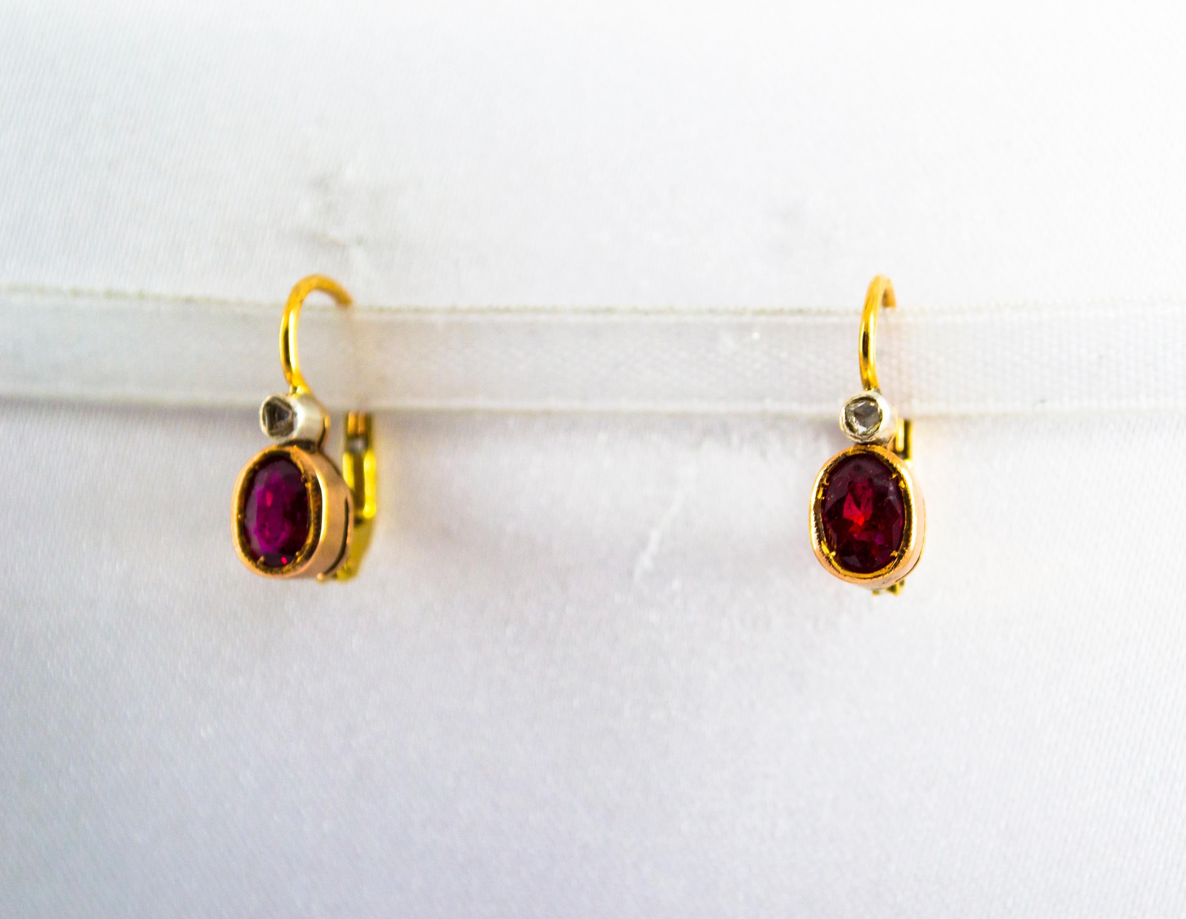 Rose Cut 1.00 Carat Ruby 0.04 Carat White Diamond Yellow Gold Dangle Lever-Back Earrings For Sale