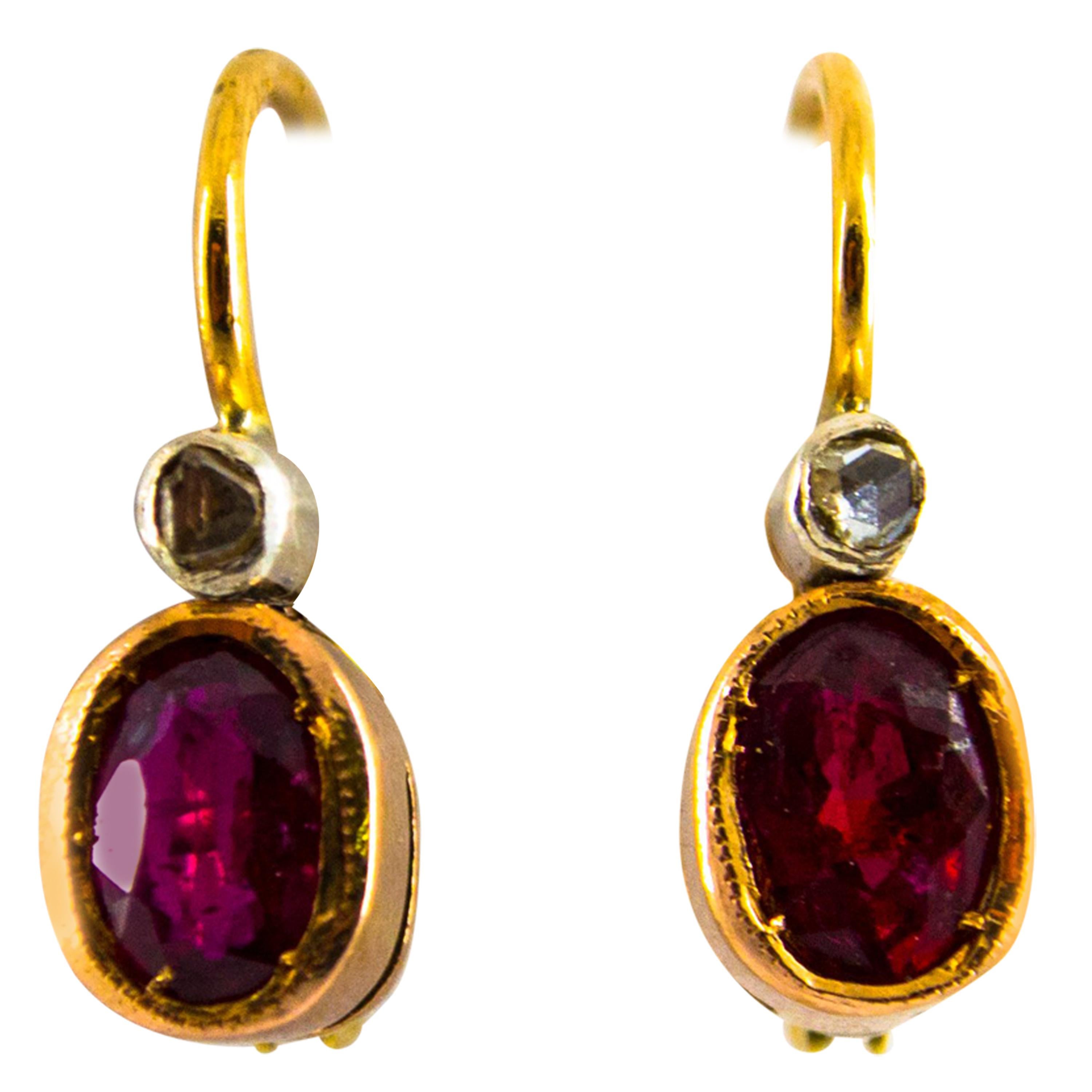 1.00 Carat Ruby 0.04 Carat White Diamond Yellow Gold Lever-Back Earrings