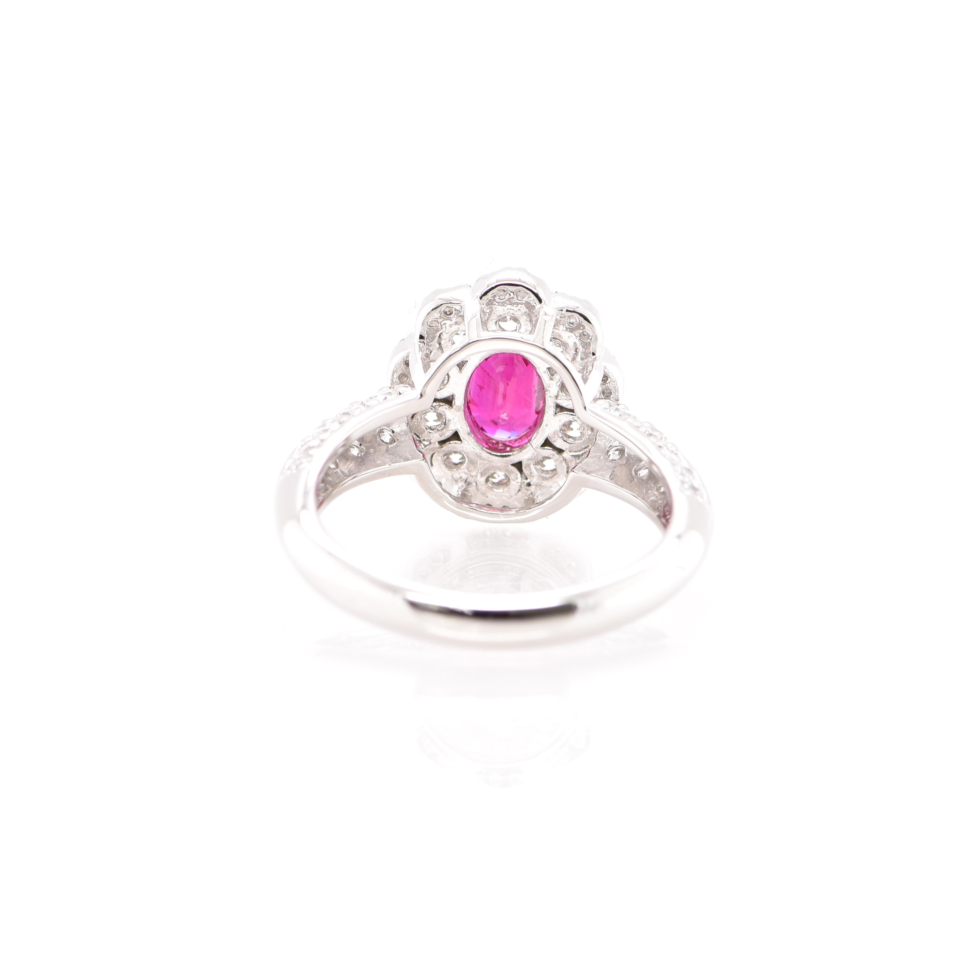 Women's or Men's 1.00 Carat Natural Ruby and Diamond Halo Ring Set in Platinum For Sale