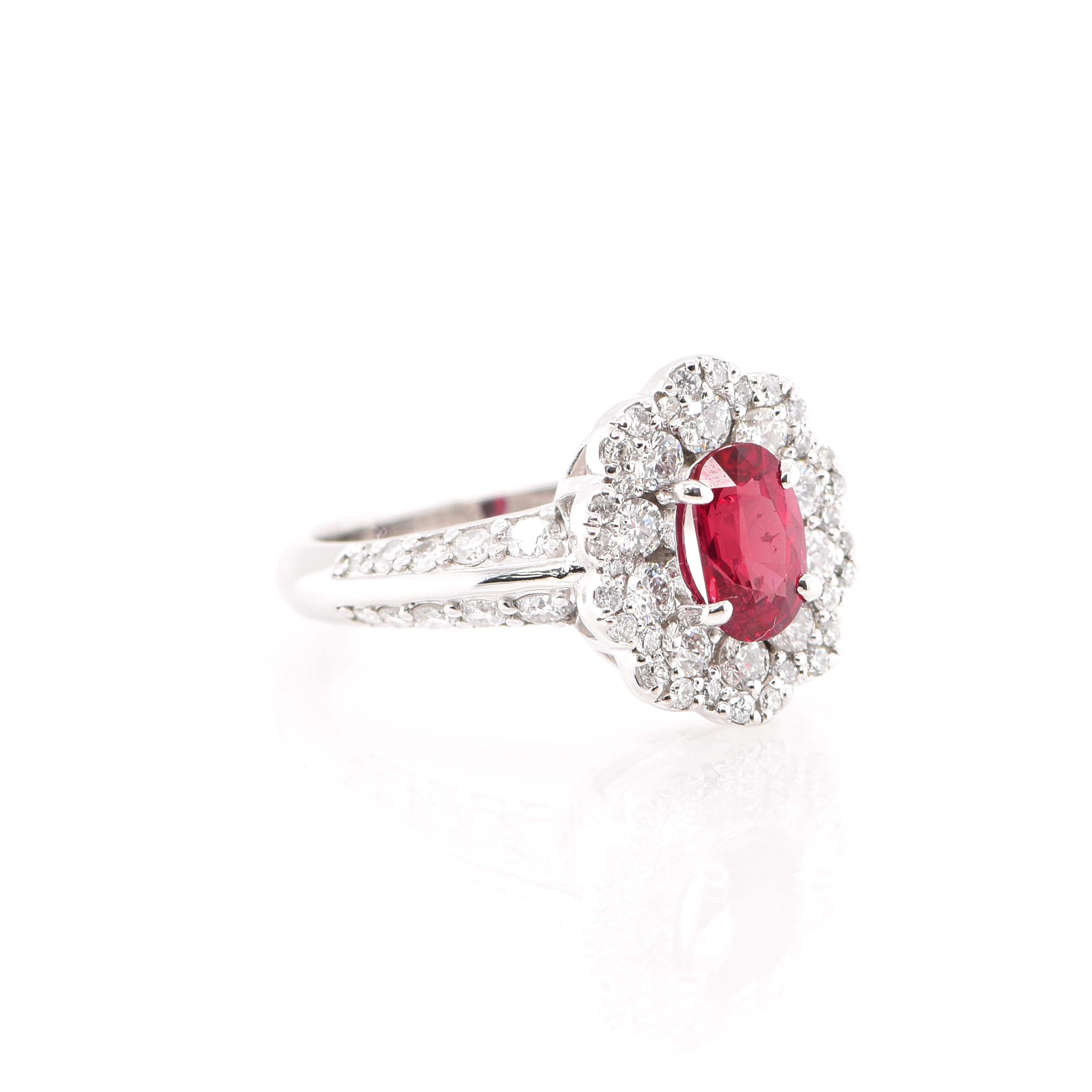 Modern 1.00 Carat Natural Ruby and Diamond Halo Ring Set in Platinum For Sale