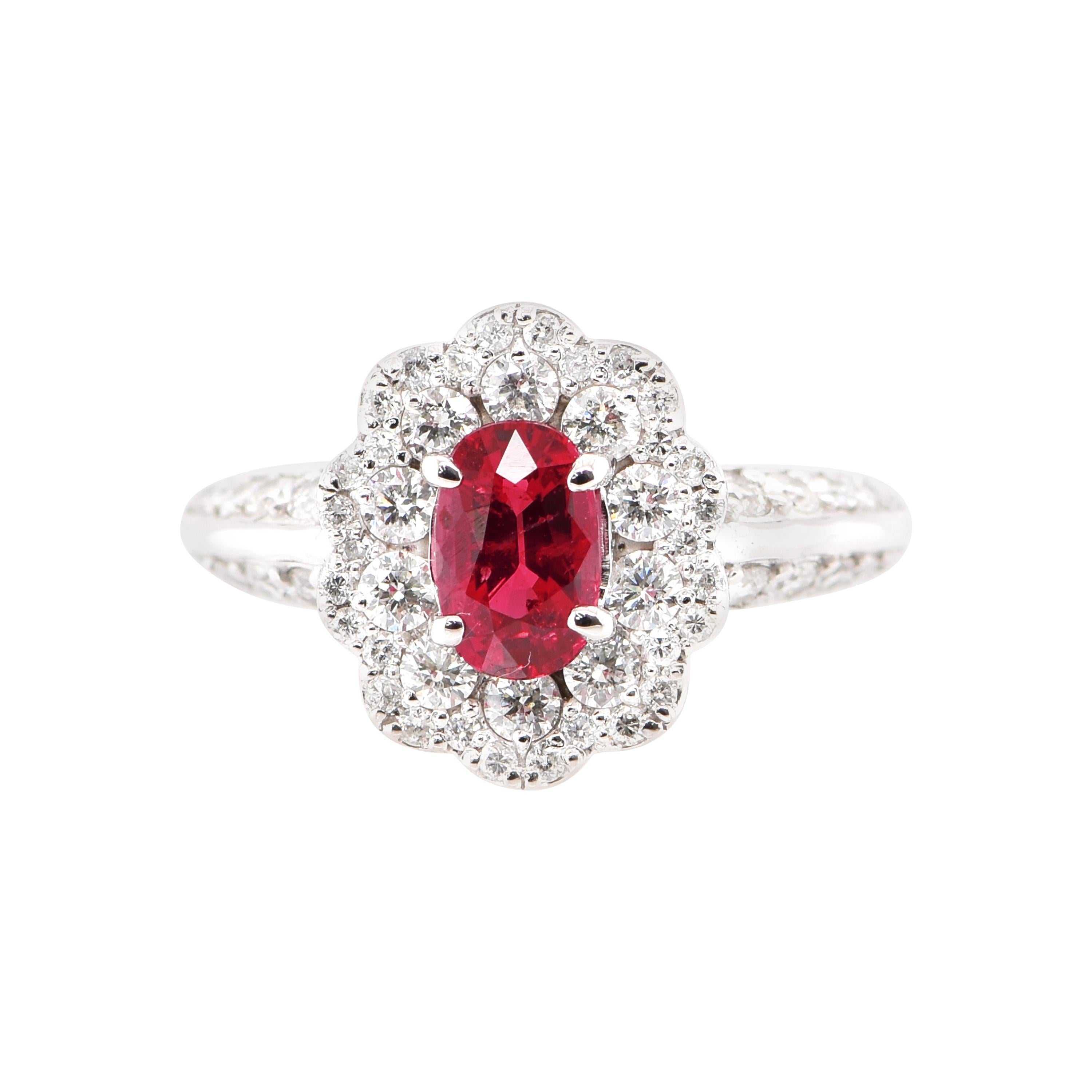 1.00 Carat Natural Ruby and Diamond Halo Ring Set in Platinum For Sale