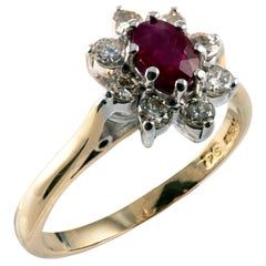 Vintage 1.00 Carat Ruby Diamond Flower Dress Ring, 18 Karat Gold, Full UK Hallmarks