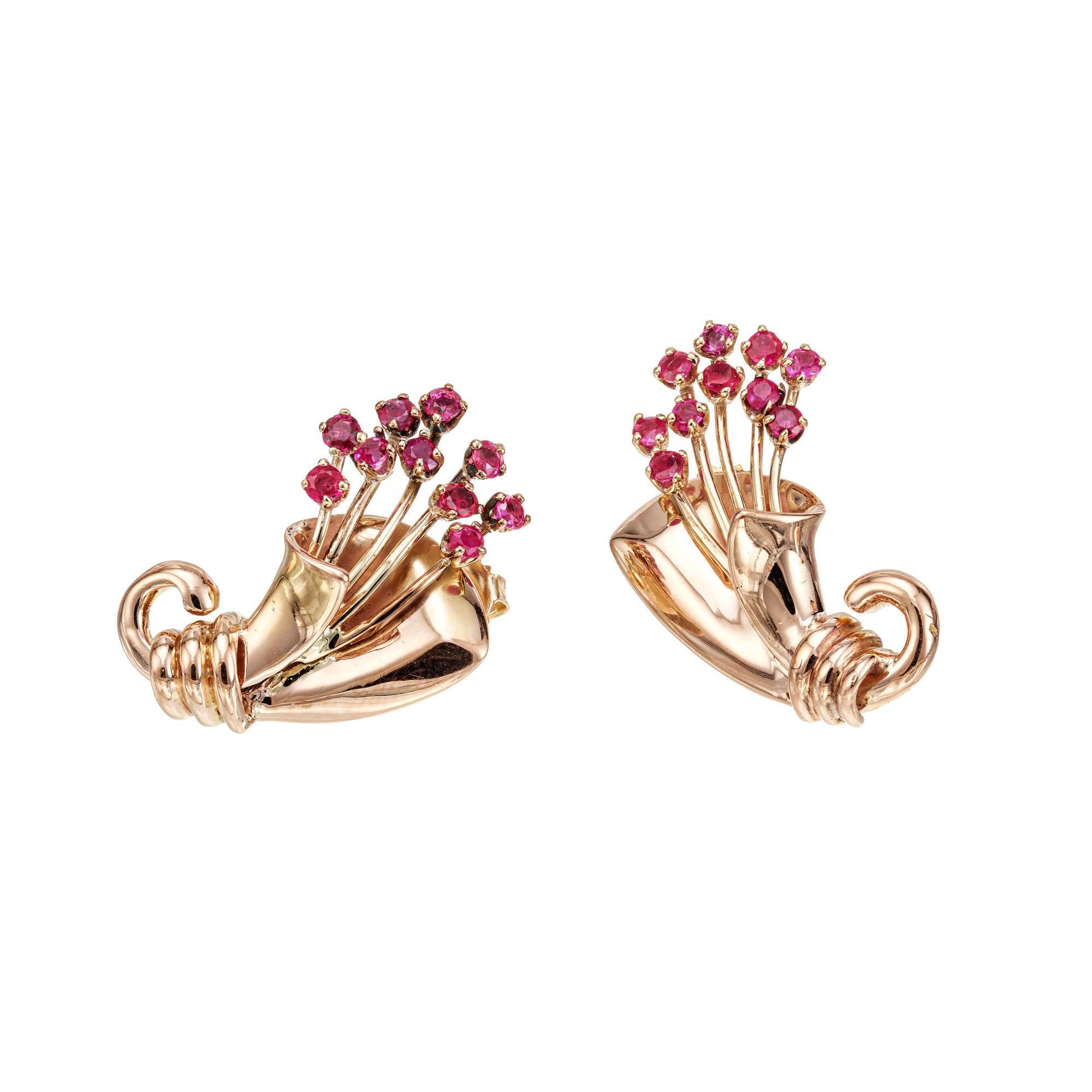 1.00 Carat Ruby Gold Pierced Post Rose Gold Flower Earrings In Good Condition For Sale In Stamford, CT
