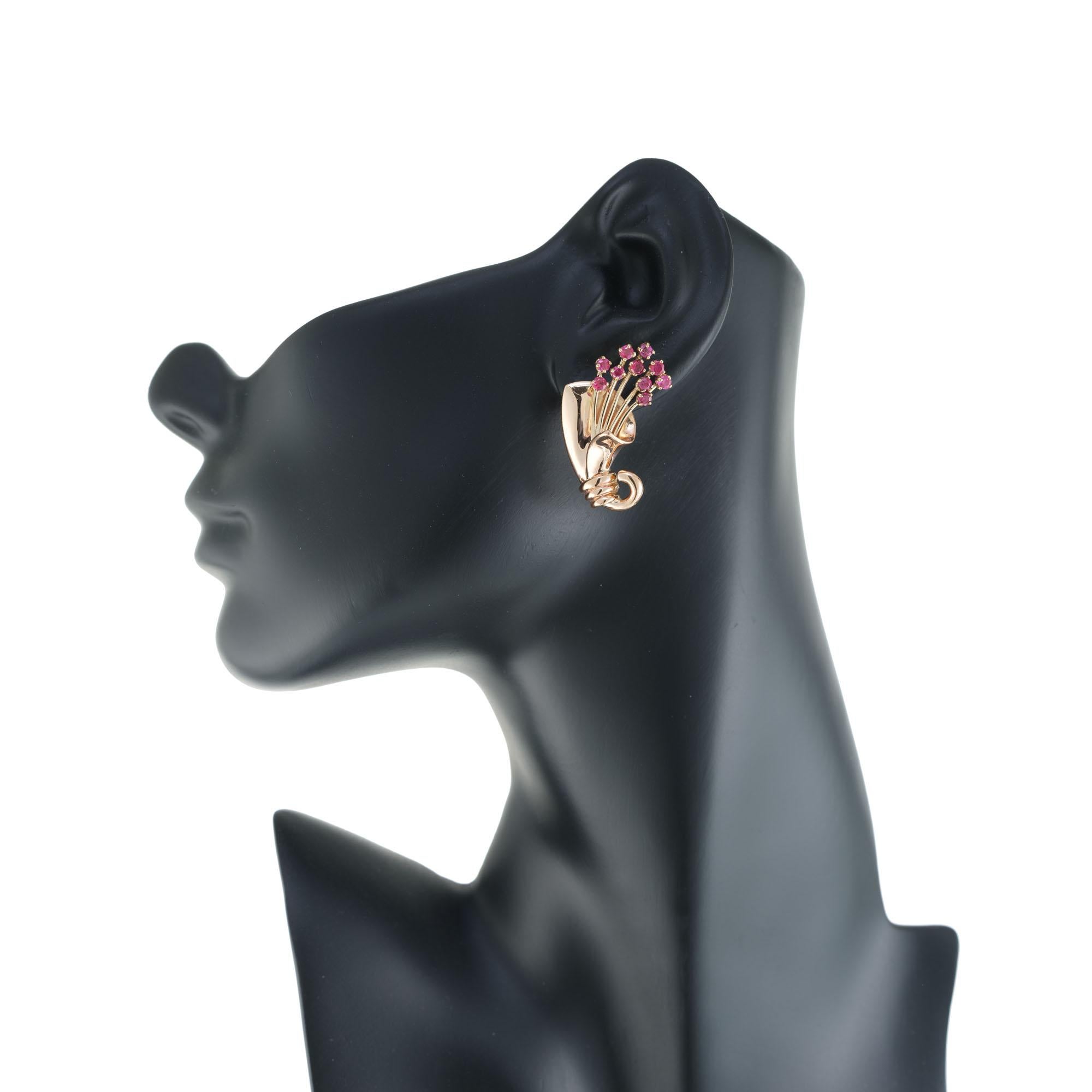 1.00 Carat Ruby Gold Pierced Post Rose Gold Flower Earrings For Sale 2