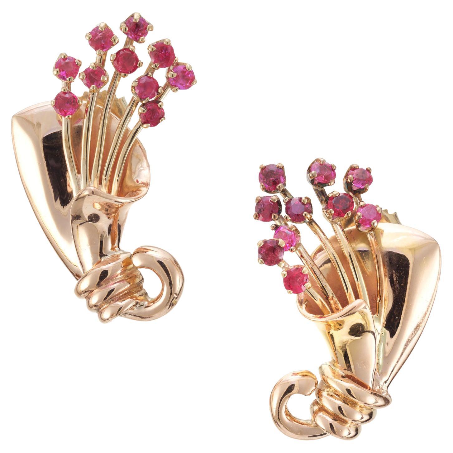 1.00 Carat Ruby Gold Pierced Post Rose Gold Flower Earrings For Sale