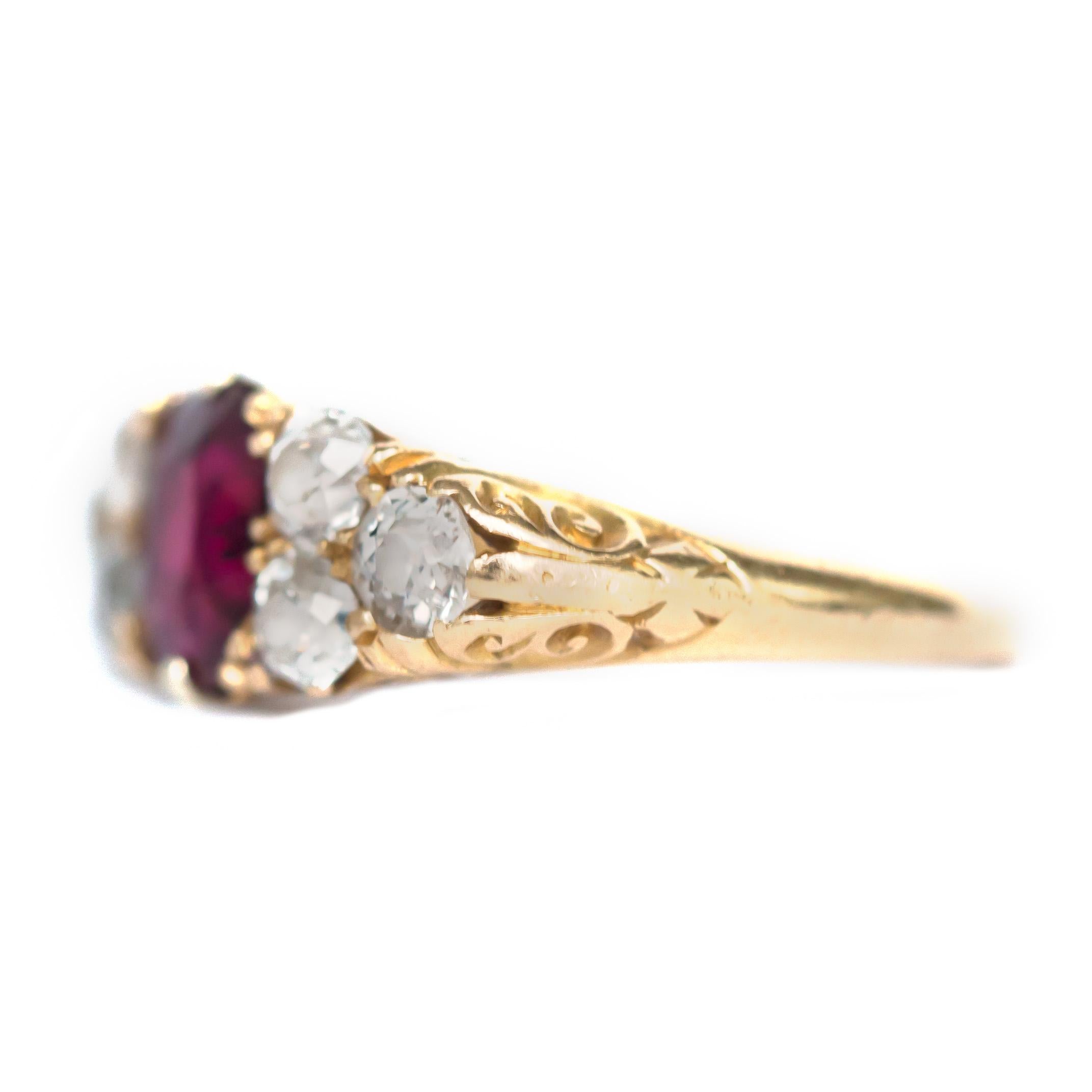 Ring Size: 5.50
Metal Type: 18 karat Yellow Gold 
Weight: 3.6 grams

Center Diamond Details
Type: Natural Ruby
Carat Weight: 1.00 carat
Color: Deep Red

Side Stone Details: 
Shape: Old Mine Cushion
Total Carat Weight: .50 carat total weight
Color: