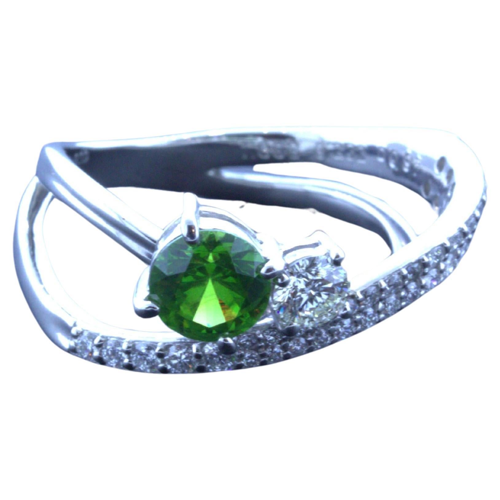 1.00 Carat Russian Demantoid Garnet Diamond Platinum Ring For Sale