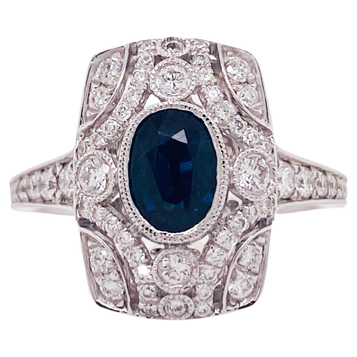 1.00 Carat Sapphire and Diamond Antique-Style Ring in 18 Karat White Gold