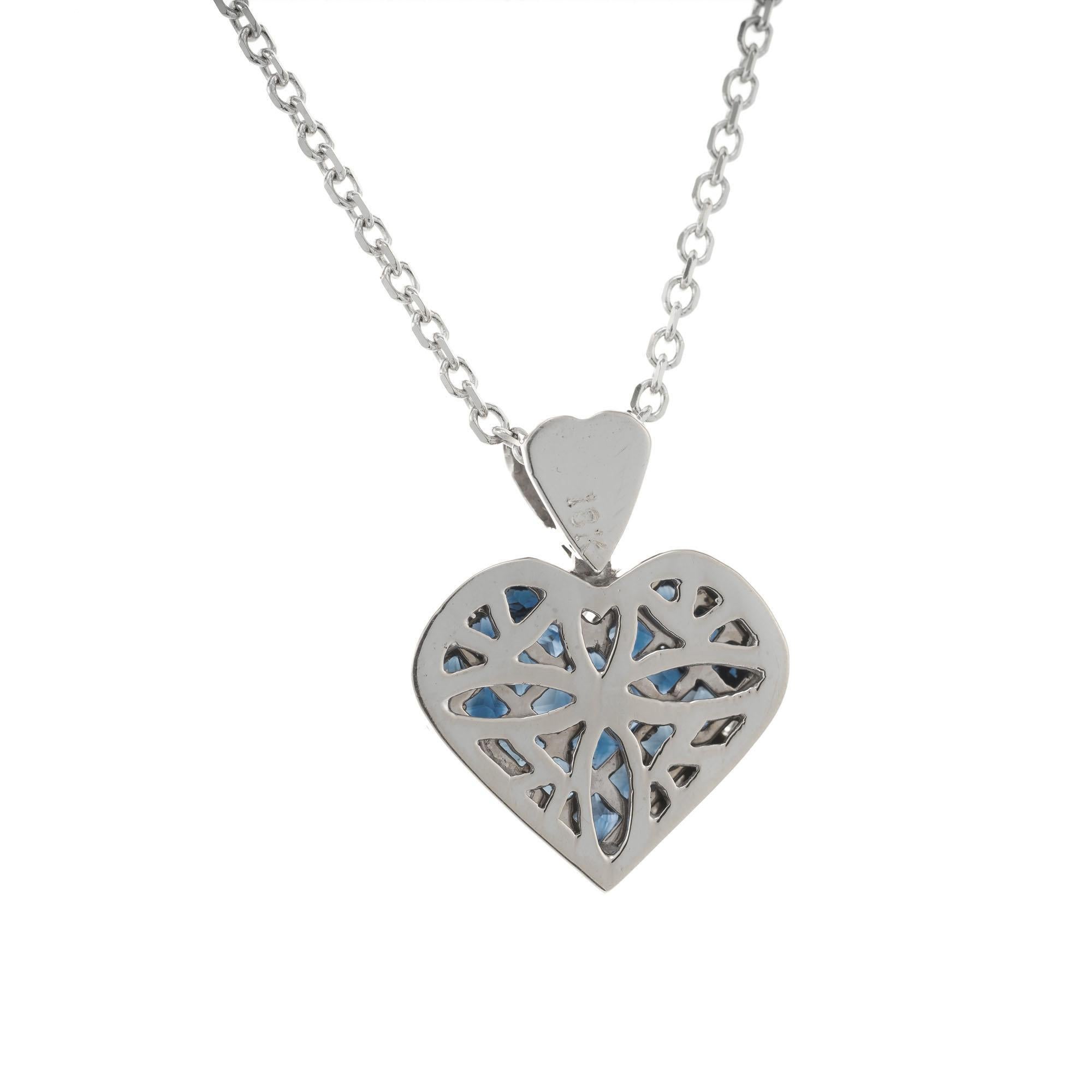 Square Cut 1.00 Carat Sapphire Diamond Halo White Gold Heart Pendant Necklace For Sale