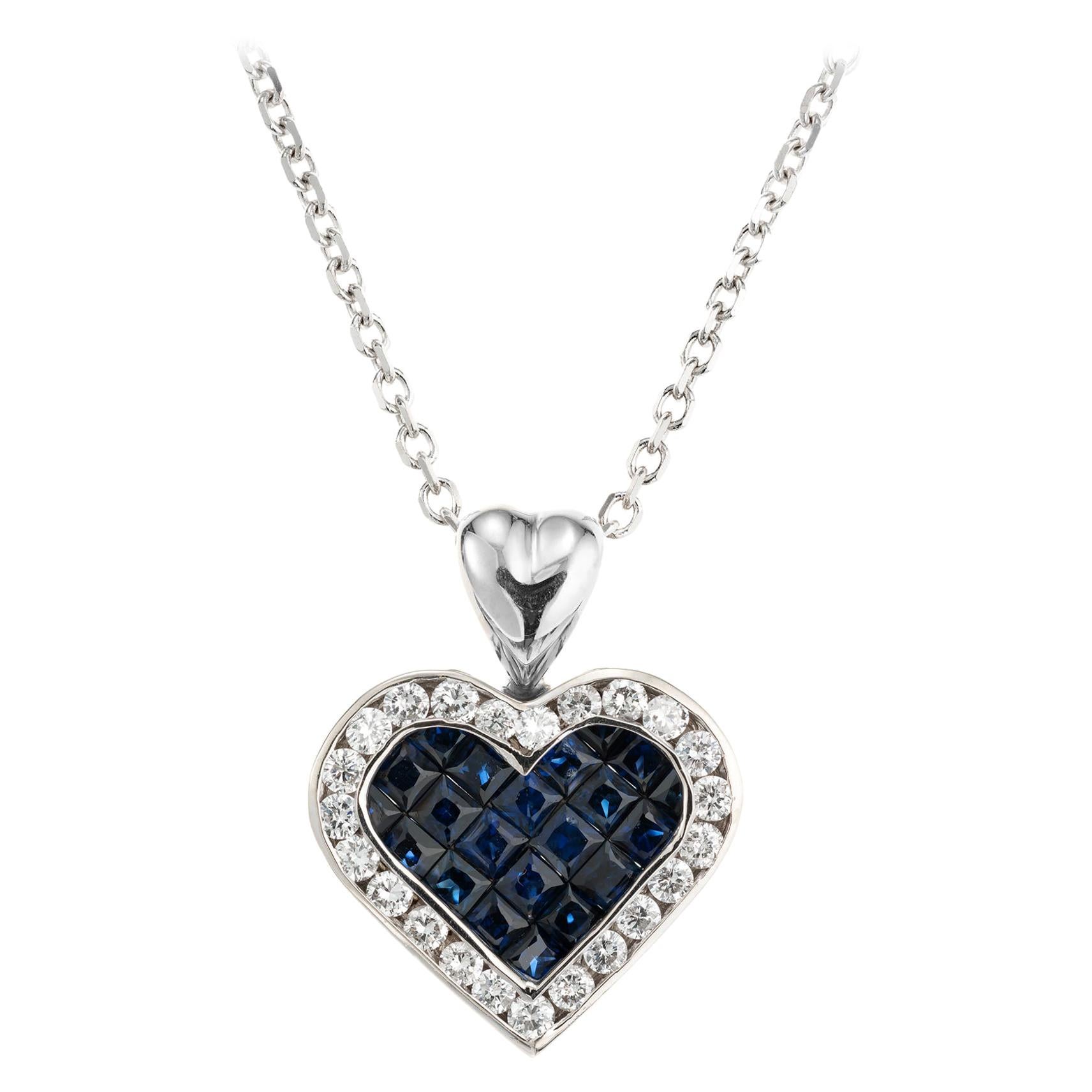 1.00 Carat Sapphire Diamond Halo White Gold Heart Pendant Necklace For Sale