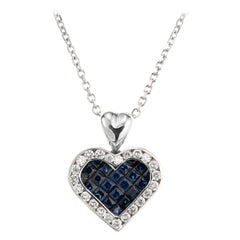 1.00 Carat Sapphire Diamond Halo White Gold Heart Pendant Necklace