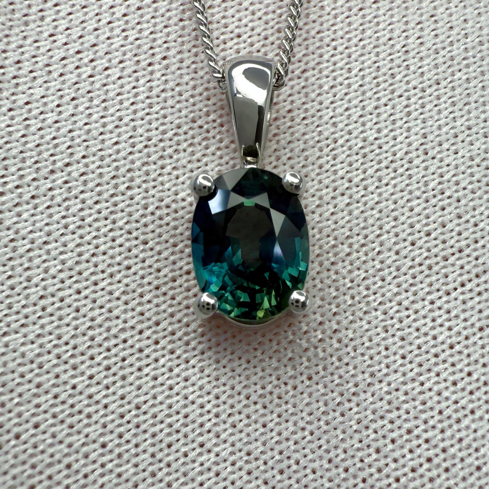 Natural Deep Teal Blue Sapphire Platinum Oval Cut Pendant Necklace.

1.00 Carat sapphire with a beautiful deep blue 'teal' colour and excellent clarity, a very clean stone. VVS.

Also has an excellent oval cut, set in a fine 950 platinum