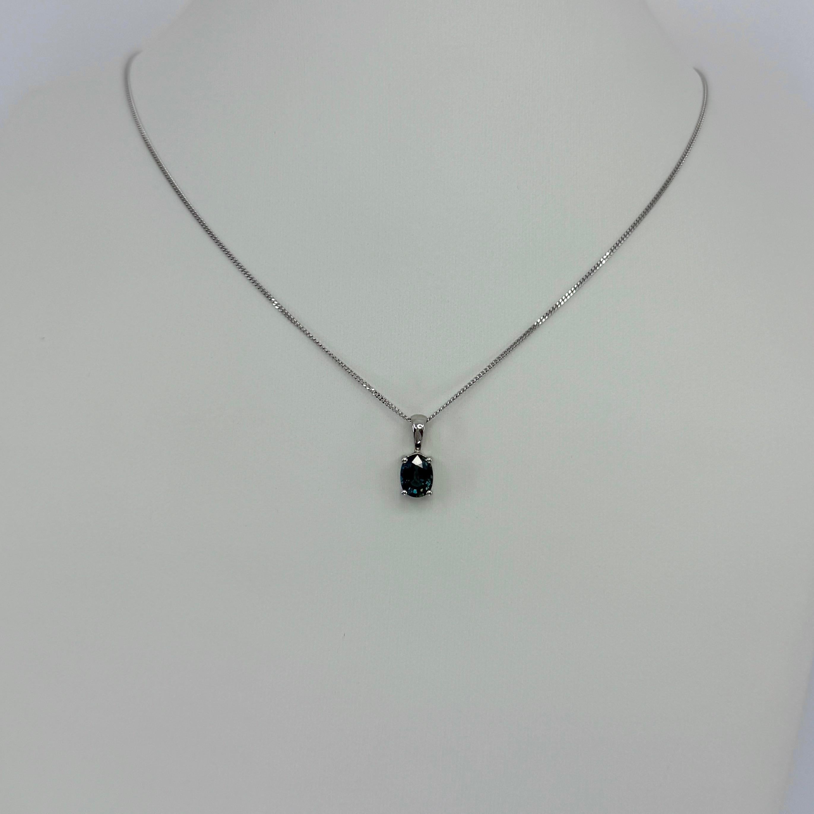 1.00 Carat Teal Blue Sapphire Platinum Oval Cut Solitaire Pendant Necklace VVS In New Condition For Sale In Birmingham, GB