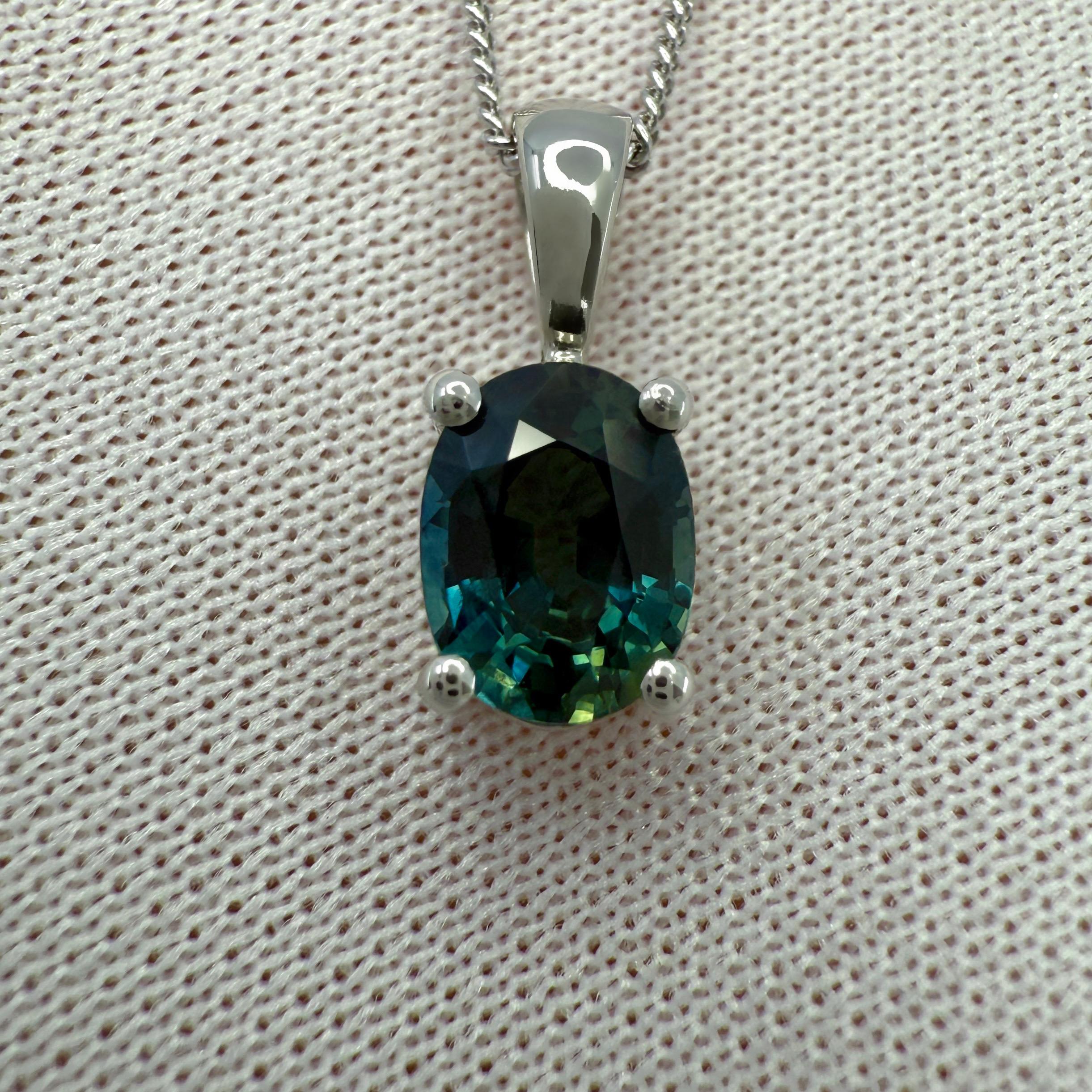 Women's or Men's 1.00 Carat Teal Blue Sapphire Platinum Oval Cut Solitaire Pendant Necklace VVS For Sale