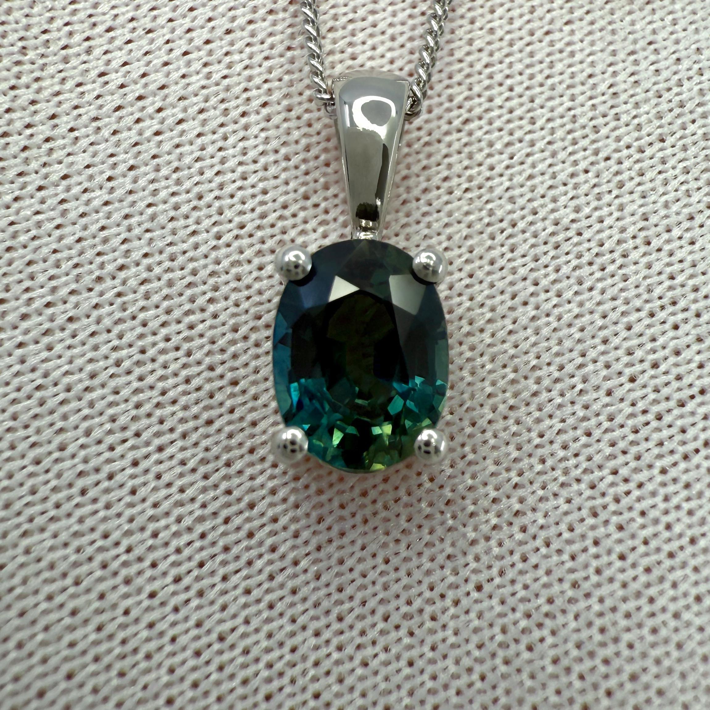 1.00 Carat Teal Blue Sapphire Platinum Oval Cut Solitaire Pendant Necklace VVS For Sale 3