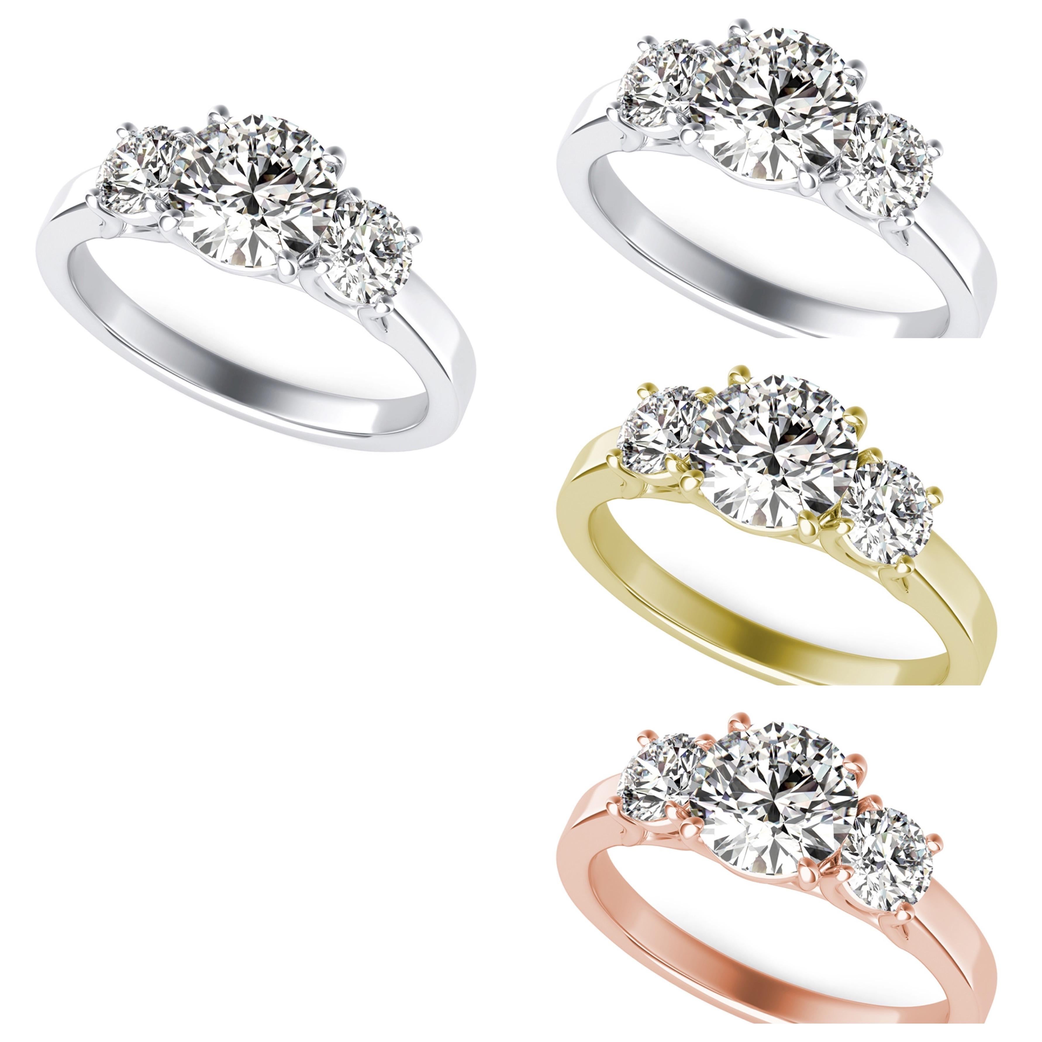 Round Cut 1.00 Carat Three-Stone Round Diamond Ring in 14k White Gold For Sale