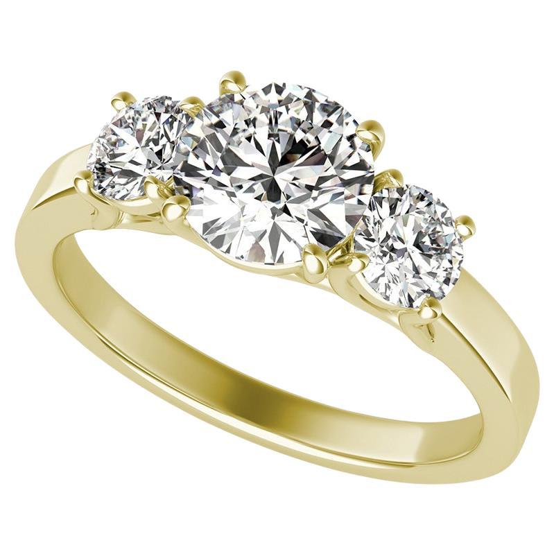 1.00 Carat Three-Stone Round Diamond Ring in 14k Yellow Gold For Sale