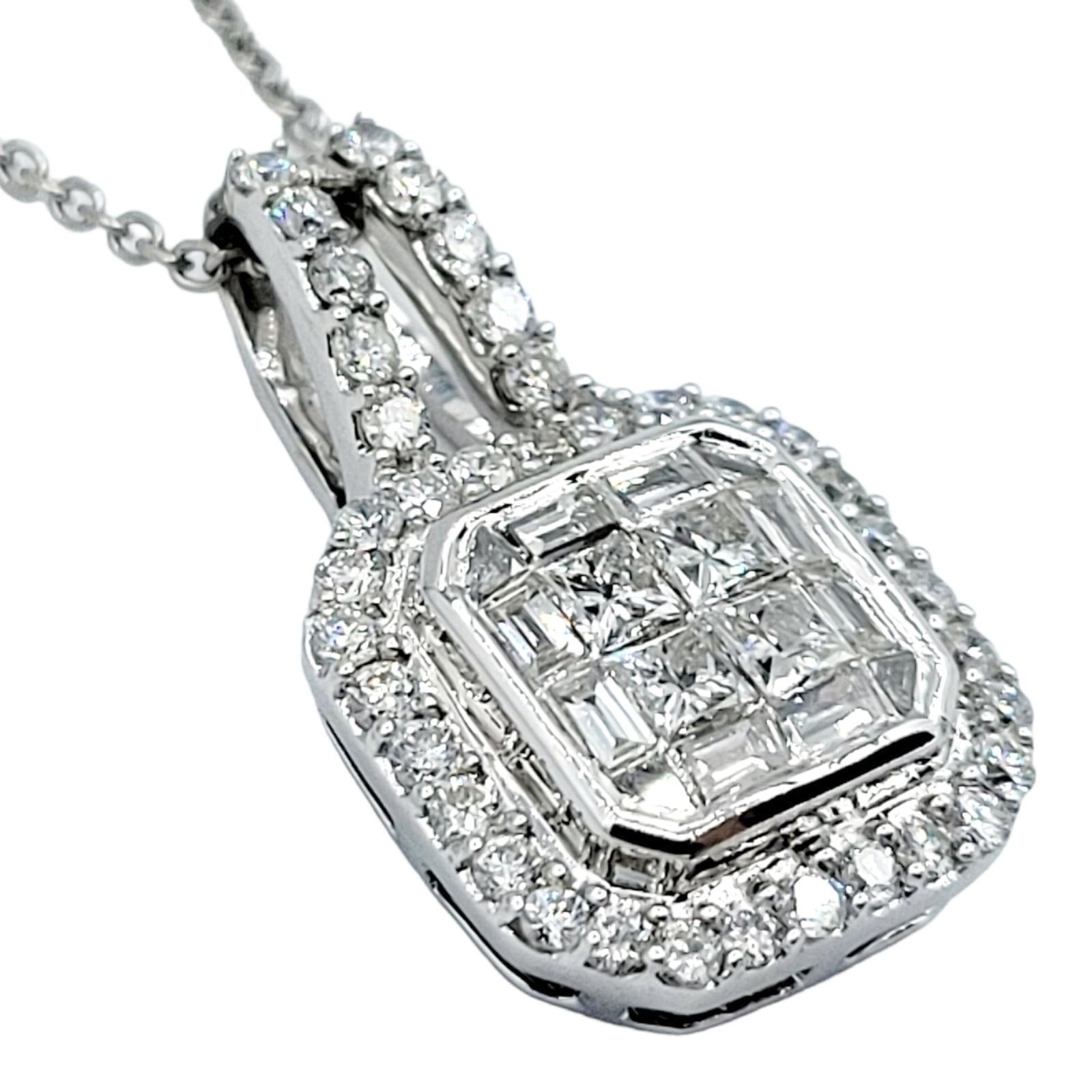 Shown here is an exquisite diamond pendant necklace featuring a harmonious blend of round, square, and baguette cut diamonds set in a captivating square-shaped halo pendant, all crafted in 14 karat white gold. This pendant is a true embodiment of