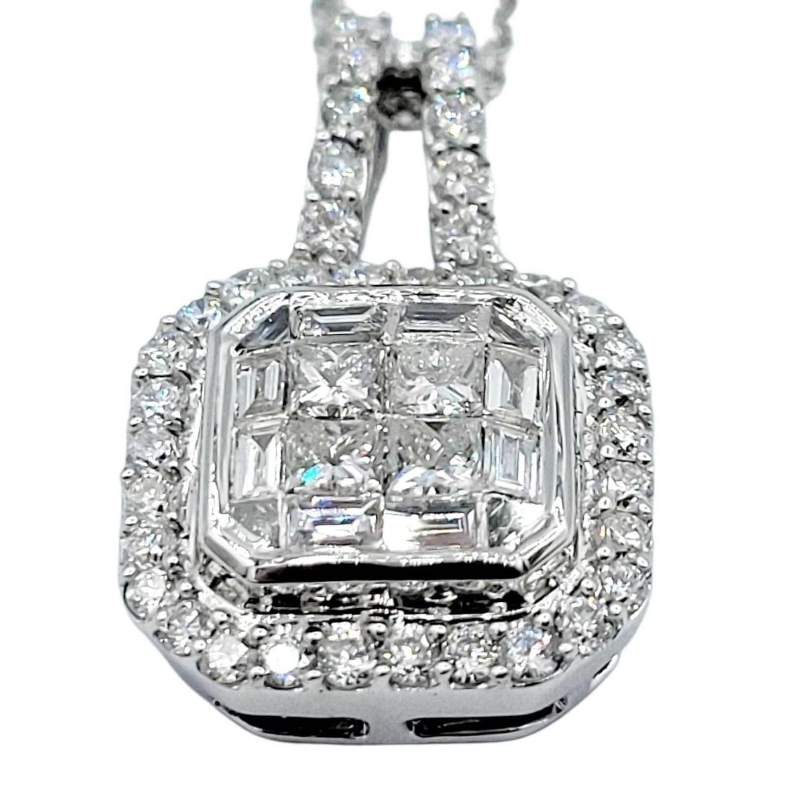 Contemporary 1.00 Carat Total Diamond Square Halo Pendant Necklace in 14 Karat White Gold For Sale