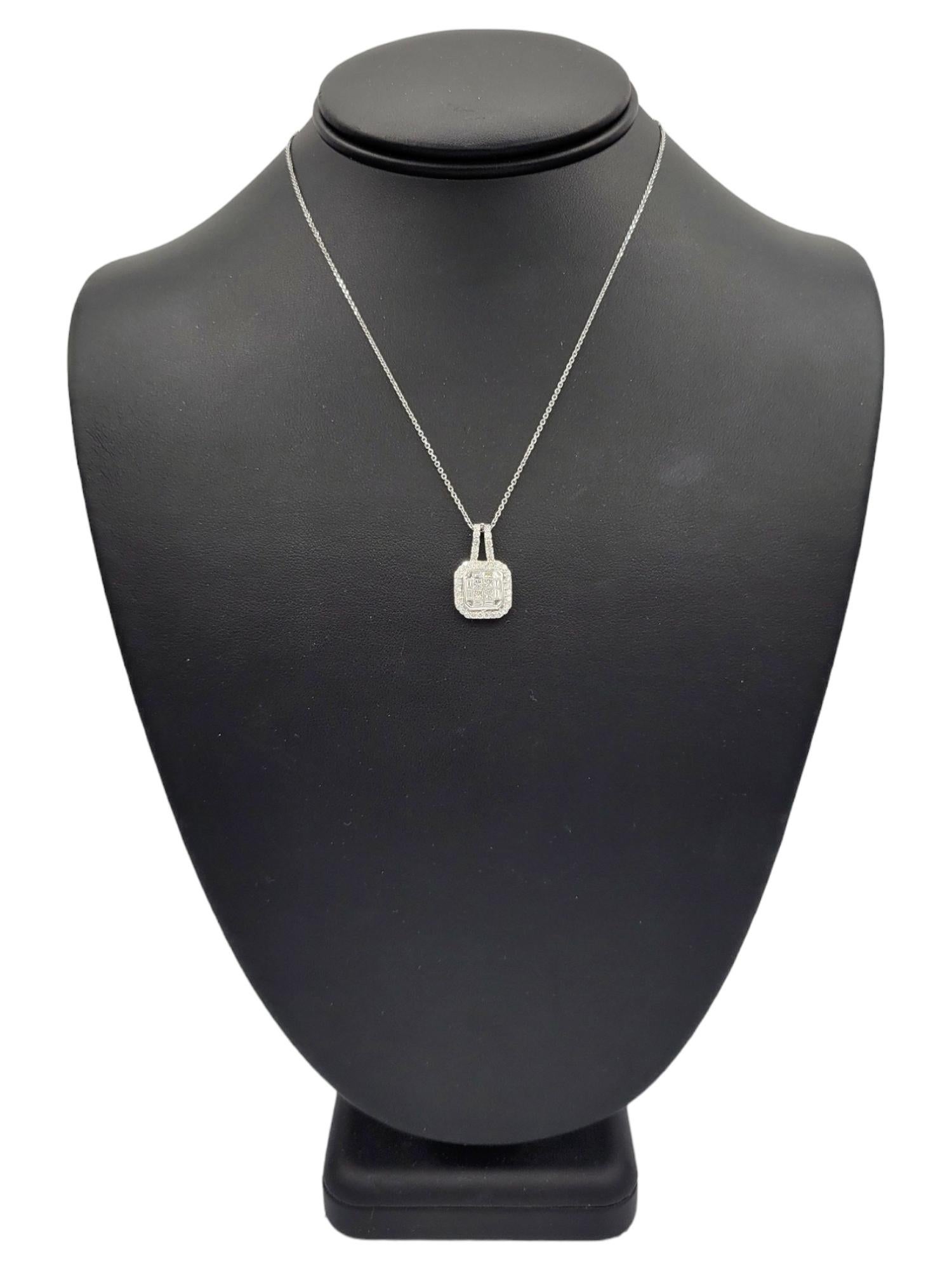 Women's 1.00 Carat Total Diamond Square Halo Pendant Necklace in 14 Karat White Gold For Sale
