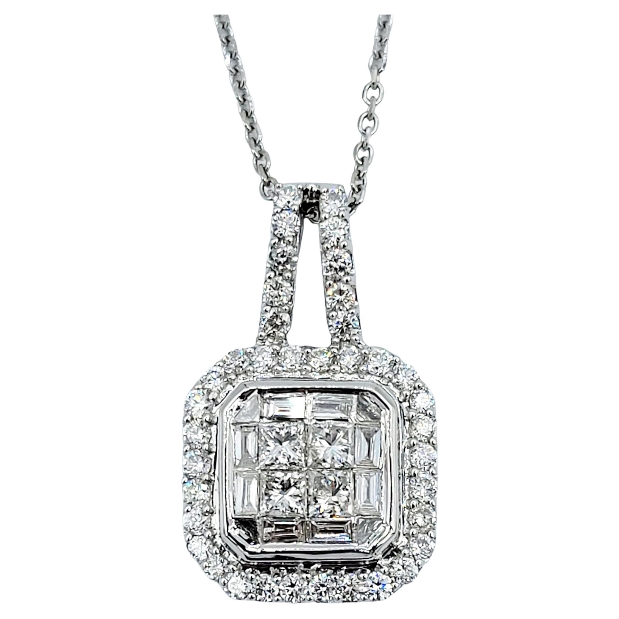 1.00 Carat Total Diamond Square Halo Pendant Necklace in 14 Karat White Gold For Sale