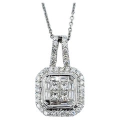 1.00 Carat Total Diamond Square Halo Pendant Necklace in 14 Karat White Gold