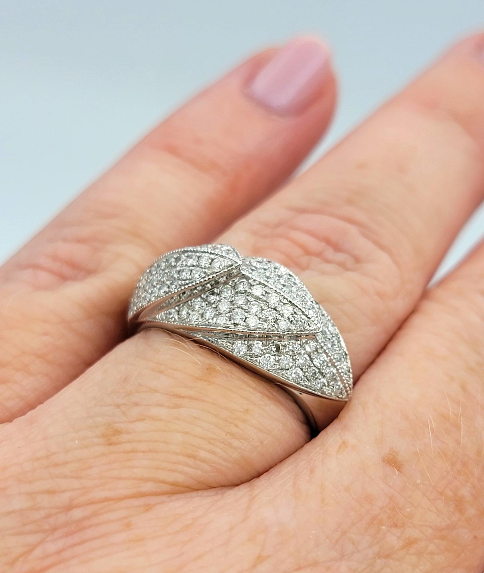 1.00 Carat Total Pavé Diamond Tapered Feather Band Ring in 14 Karat White Gold For Sale 5