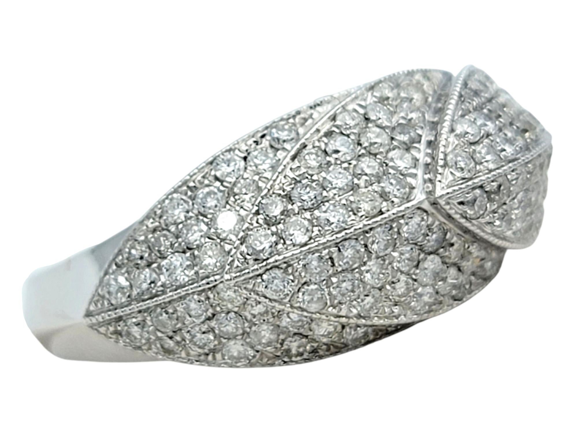 Round Cut 1.00 Carat Total Pavé Diamond Tapered Feather Band Ring in 14 Karat White Gold For Sale