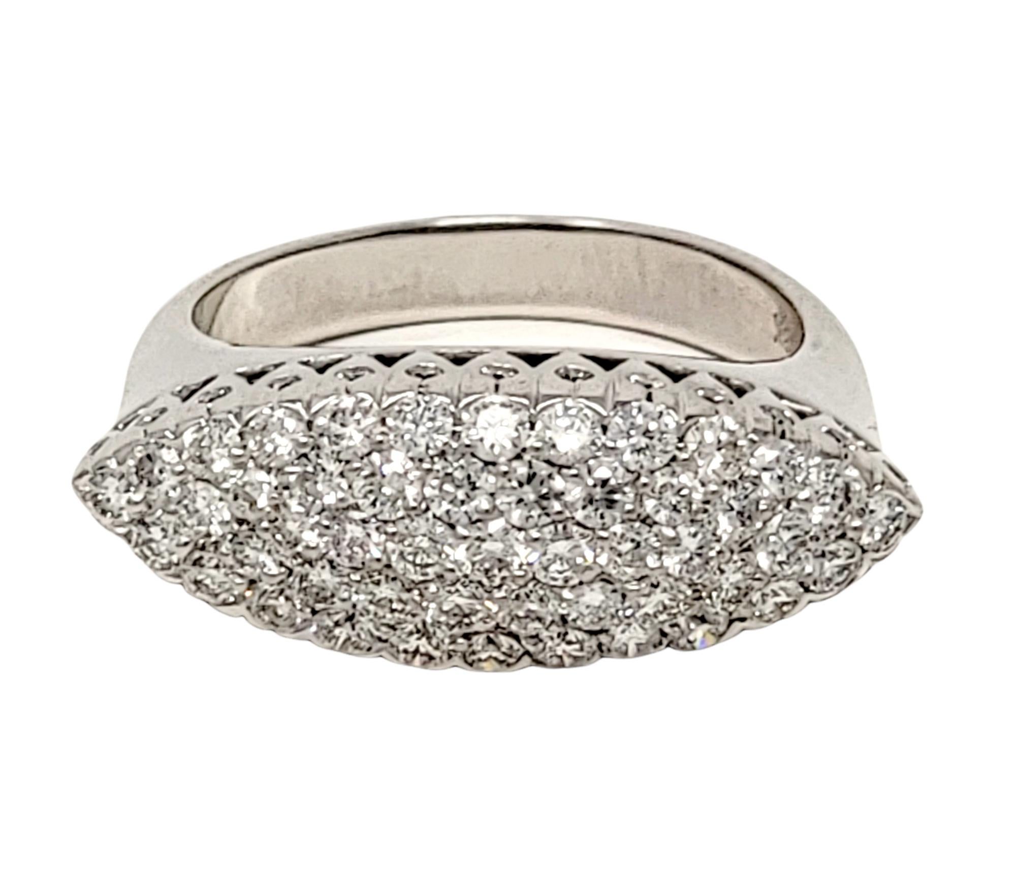 Ring size: 7.25

Sleek, contemporary pave diamond band ring perfect for everyday wear. 

Ring size: 7.25
Weight: 7.56 grams
Metal: 18 Karat White Gold
Natural Diamonds: 1.00 ctw 
Diamond cut: Round Brilliant
Diamond color: E-F
Diamond clarity: